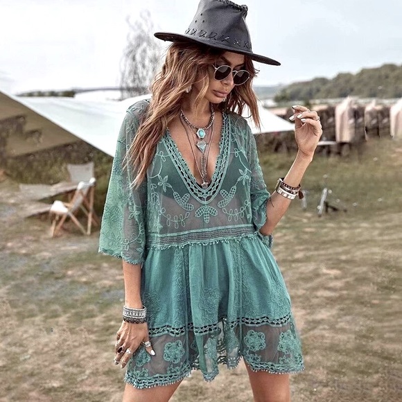 Dolly Boho Crochet Cotton Floral Inlay Lace Mini Dress Beach CoverUp - Picture 2 of 5